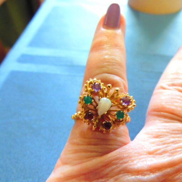 VINTAGE 14K BUTTERFLY RING with 7 GEM STONES - 14k SZ 6 1/4 - Picture 2 of 7